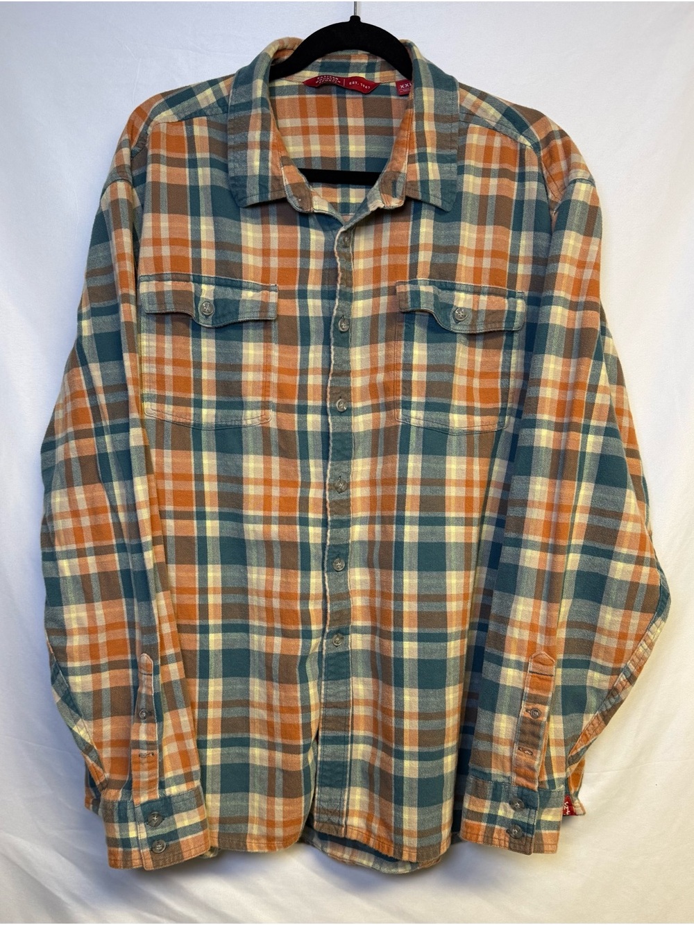 Eastern Mountain Sports Plaid Flannel Shirt Jacket in Orange & Teal
